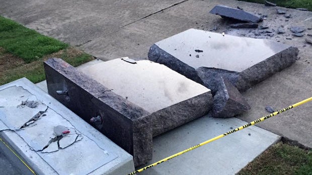 A vehicle destroyed a Ten Commandments monument on the grounds of Arkansas' Capitol on June 28, 2017, less than 24 hours after it was installed in Little Rock, Arkansas. 