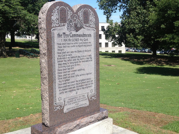 A statue of the Ten Commandments is seen after it was installed on the grounds of the state Capitol in Little Rock, Arkansas, June 27, 2017. 