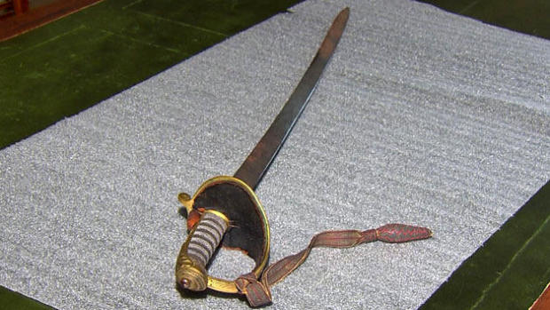 The long-lost sword of Civil War Col. Robert Gould Shaw is seen in a segment broadcast on CBS Boston station WBZ-TV on July 12, 2017, after the sword was found in an attic. 