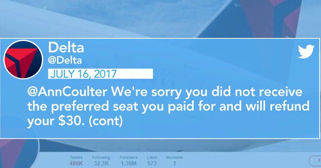 Delta fires back at Ann Coulter in Twitter war - CBS News