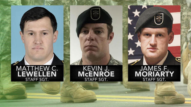 U.S. Army Green Berets Staff Sgt. Matthew C. Lewellen, Staff Sgt. Kevin J. McEnroe, and Staff Sgt. James F. Moriarty are seen in a photo combination. 