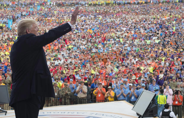 President Donald Trump waves after speaking to Boy Scouts during the National Boy Scout Jamboree at Summit Bechtel National Scout Reserve in Glen Jean, West Virginia, July 24, 2017. ( 