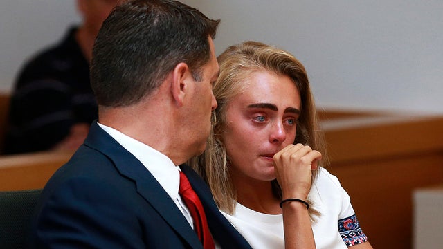 Michelle Carter awaits her sentencing in a courtroom in Taunton, Mass., Aug. 3, 2017, for involuntary manslaughter for encouraging Conrad Roy III to kill himself in July 2014. 