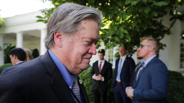 Senior Counselor to the President Steve Bannon leaves the Rose Garden after President Trump announces his decision to pull out of the Paris climate agreement at the White House June 1, 2017, in Washington. 