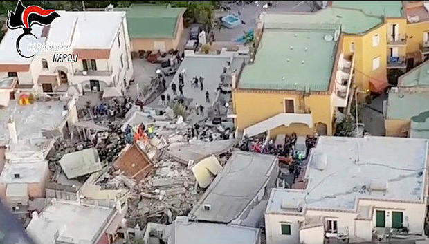 An overview from Italian Carabinieri helicopter after an earthquake hit the island of Ischia, off the coast of Naples 
