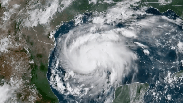 Hurricane Harvey is seen in the Texas Gulf Coast in this NOAA GOES satellite image 