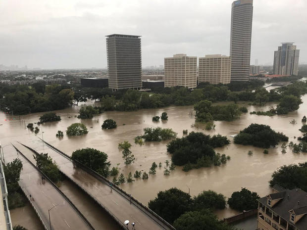 Flooded downtown is seen from a high rise along Buffalo Bayou after Hurricane Harvey inundated the Texas Gulf coast with rain causing widespread flooding, in Houston 