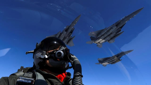 Two U.S. Air Force B-1B Lancers, not pictured, joined up with Republic of Korea air force F-15s during a 10-hour mission from Andersen Air Force Base, Guam, into Japanese airspace and over the Korean Peninsula on July 30, 2017. 