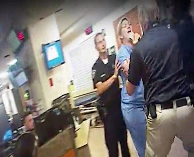 Nurse Alex Wubbels is shown during an incident at University of Utah Hospital in Salt Lake City in this still photo taken from police body-worn camera video taken July 26, 2017, and provided Sept. 1, 2017. 