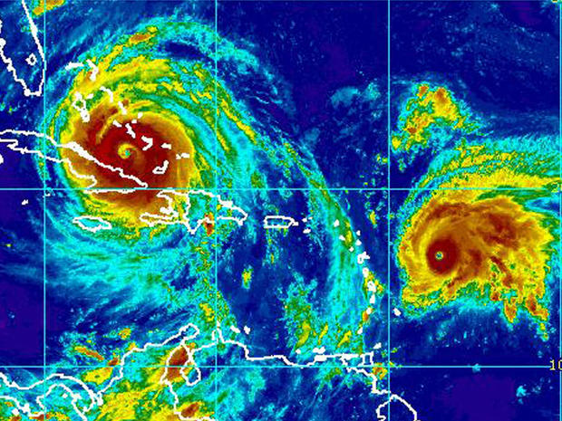 Irma, left, and Jose are seen in an infrared satellite image captured at 10:45 a.m. ET on Sept. 8, 2017. 
