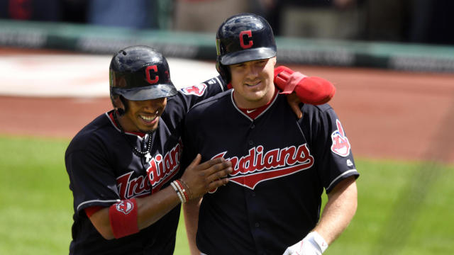 Cleveland Indians right fielder Jay Bruce, right, celebrates his three-run home run with shortstop Francisco Lindor (12) in the first inning against the Detroit Tigers at Progressive Field in Cleveland Sept. 13, 2017. 