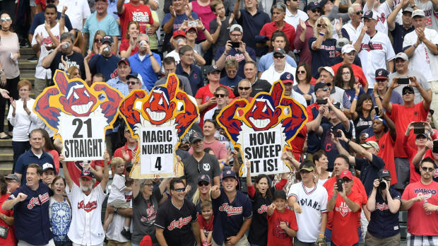 Fans celebrate after a Cleveland Indians win over the Detroit Tigers at Progressive Field in Cleveland Sept. 13, 2017. 