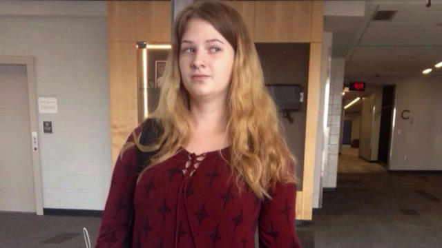 Kelsey Anderson is seen Sept. 8, 2017, at her school in Joplin, Mo., in an outfit she was wearing when she says a high school teacher told her she was too "busty" and that "plus-sized women" need to shop at stores that sell larger clothing. 