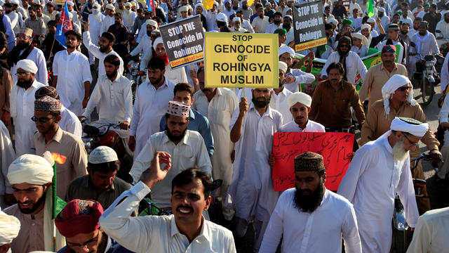 Demonstrators hold placards during a protest rally against what they say is Myanmar's persecution of Rohingya Muslims in Islamabad 