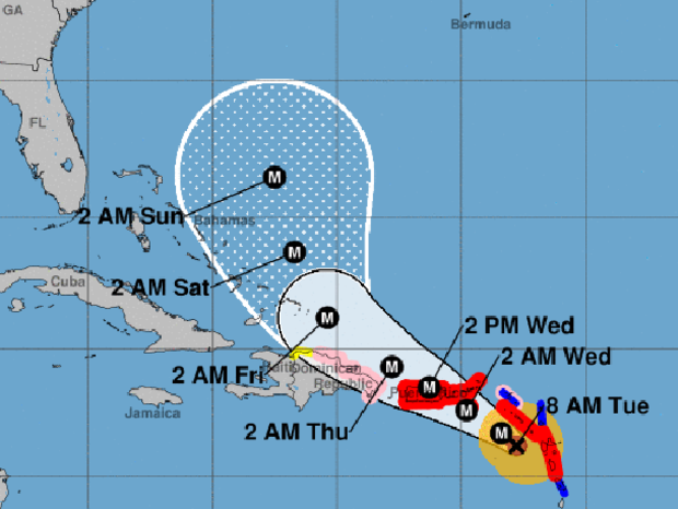 A map shows the probable path for Hurricane Maria as of 8 a.m. ET on Sept. 19, 2017. The M stands for "major hurricane." The red areas represent hurricane warnings. The blue areas represent tropical storm warnings. The pink areas represent hurricane watches. The yellow areas represent tropical storm watches. 