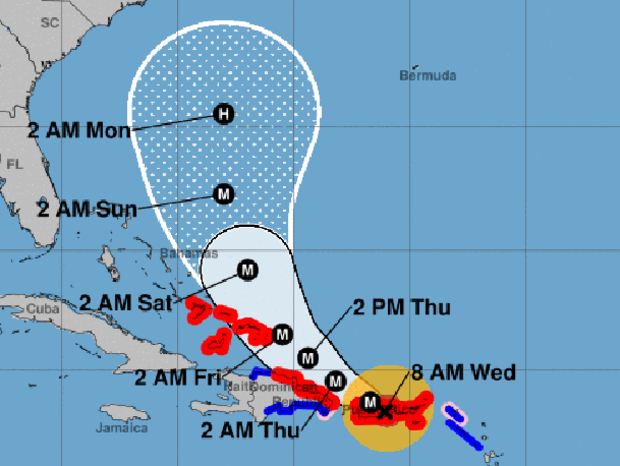 A map shows the probable path for Hurricane Maria as of 8 a.m. ET on Sept. 20, 2017. The M stands for "major hurricane." The red areas represent hurricane warnings. The blue areas represent tropical storm warnings. 