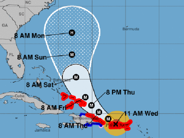A map shows the probable path for Hurricane Maria as of 11 a.m. ET on Sept. 20, 2017. The M stands for "major hurricane." The red areas represent hurricane warnings. The blue areas represent tropical storm warnings. 