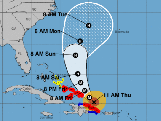 A map shows the probable path for Hurricane Maria as of 11 a.m. ET on Sept. 21, 2017. The M stands for "major hurricane." The red areas represent hurricane warnings. The blue areas represent tropical storm warnings. The yellow areas represent tropical storm watches. 