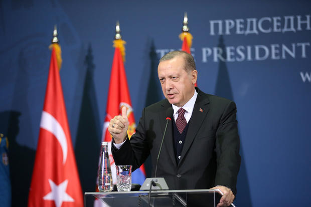 Turkish President Recep Tayyip Erdogan gestures as he speaks during a joint press conference with Serbia's President Aleksandar Vucic after their meeting in Belgrade 