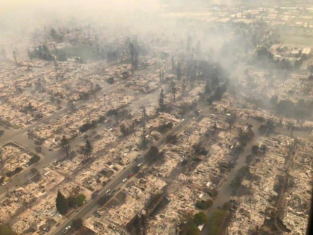 Aerial of Northern California wildfire damage - burned homes 