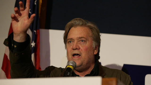 Steve Bannon speaks to the crowd prior to Republican candidate Roy Moore greeting the crowd of supporters after defeating incumbent Luther Strange to his supporters at the RSA Activity center in Montgomery, Alabama 