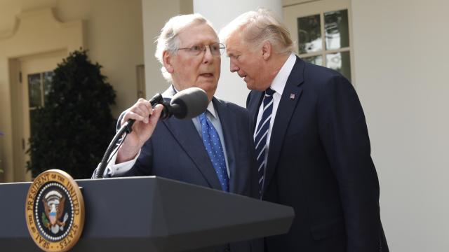 U.S. Senate Majority Leader McConnell takes the podium as he and President Trump speak together in Rose Garden at White House in Washington 