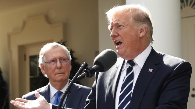 U.S. President Trump speaks to the media with Senate Majority Leader McConnell at his side in Rose Garden at the White House in Washington 