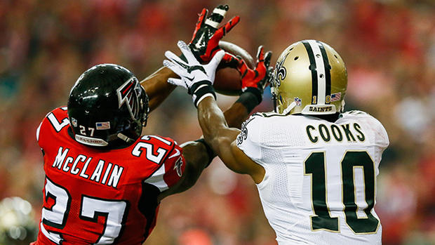 Brandin Cooks intercepted by Robert McClain - New Orleans Saints v Atlanta Falcons 