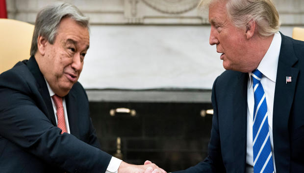 U.N. Secretary-General Antonio Guterres and President Trump shake hands before a meeting in the Oval Office of the White House in Washington on Oct. 20, 2017. 