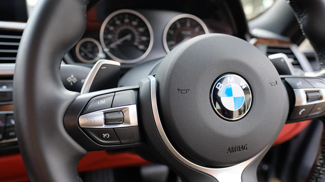 Steering wheel view of a BMW sports coupe model 