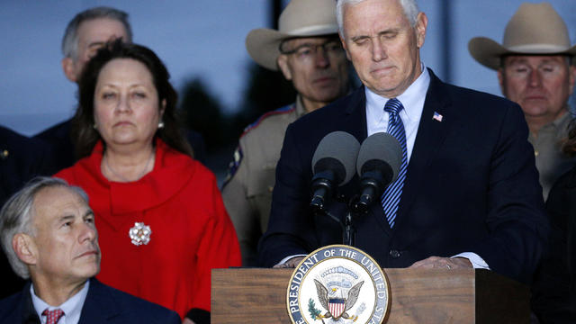 U.S. Vice President Mike Pence delivers remarks with officials, first responders and victims near the site of the shooting at the First Baptist Church of Sutherland Springs, in Sutherland Springs 