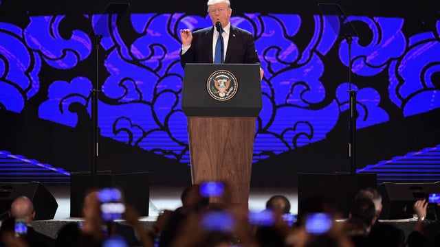 U.S. President Donald Trump speaks on the final day of the APEC CEO Summit, part of the broader Asia-Pacific Economic Cooperation (APEC) leaders' summit, in Danang 