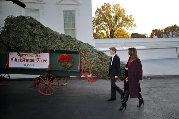 First Lady Melania Trump and her son Barron Trump welcome the official White House Christmas Tree, a Wisconsin-grown tree provided by the Chapman family of Silent Night Evergreens, to the White House in Washington DC 