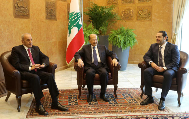 Lebanese President Michel Aoun meets with Saad al-Hariri, who announced his resignation as Lebanon's prime minister from Saudi Arabia and Lebanese Parliament Speaker Nabih Berri at the presidential palace in Baabda 