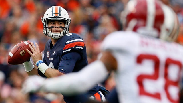 Auburn Tigers quarterback Jarrett Stidham (8) looks to pass against the Alabama Crimson Tide during the first quarter at Jordan-Hare Stadium in Auburn, Alabama, on Nov. 25, 2017. 
