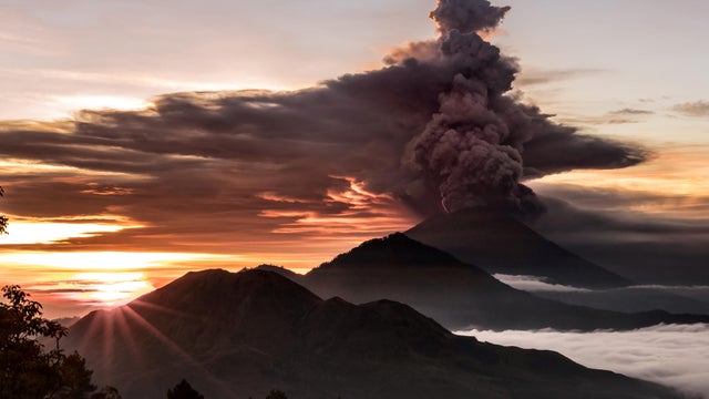 Mount Agung volcano erupts as seen from Besakih Temple in Karangasem, Bali 