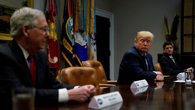 U.S. President Trump speaks with reporters after meeting with McConnell and Ryan at the White House in Washington 