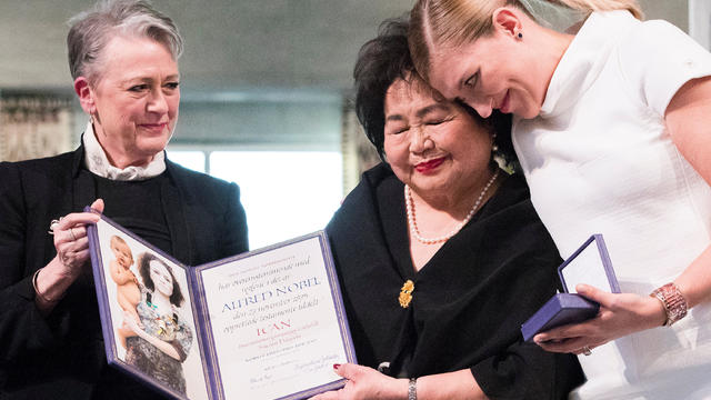 Leader of the Nobel Committee Reiss-Andersen, Hiroshima survivor Thurlow and Executive Director of ICAN Fihn are seen at the City Hall during award ceremony of the Nobel Peace Prize to ICAN, in Oslo 
