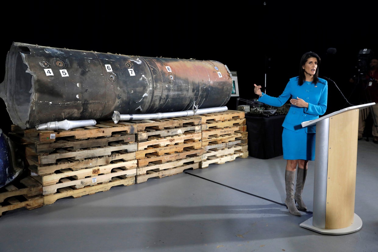 U.S. Ambassador to the United Nations Nikki Haley briefs the media in front of remains of Iranian "Qiam" ballistic missile in Washington 