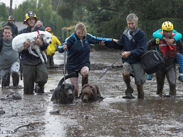 Emergency personnel evacuate local residents and their dogs after a mudslide in Montecito 