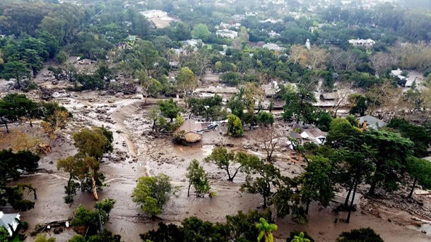 Mudflow and damage from mudslides are pictured in this aerial photo taken from a Santa Barbara County Air Support Unit Fire Copter over Montecito