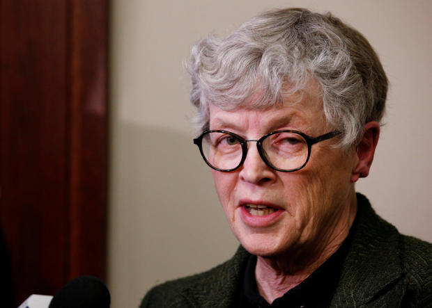 Michigan State University (MSU) President Lou Anna Simon speaks after being confronted by victims during a break at the sentencing hearing for Larry Nassar, a former team USA Gymnastics doctor who pleaded guilty in November 2017 to sexual assault charges, 