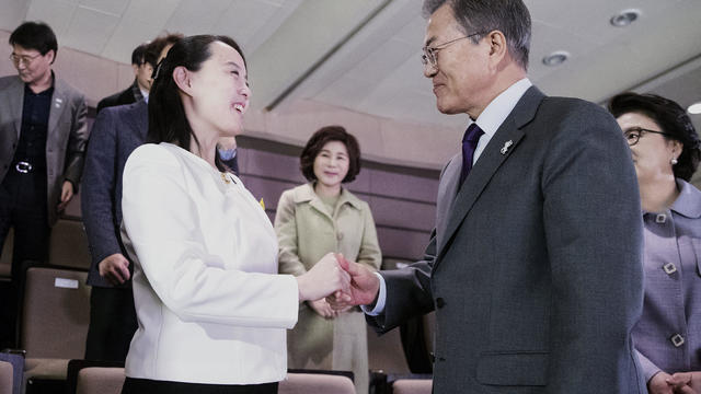South Korean President Moon Jae-in talks with Kim Yo Jong, the sister of North Korea's leader Kim Jong Un, after watching North Korea's Samjiyon Orchestra's performance in Seoul 