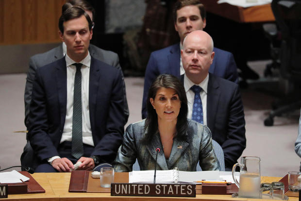 United States Ambassador to the UN Nikki Haley speaks in front of White House senior adviser Jared Kushner during a meeting of the UN Security Council at UN headquarters in New York 