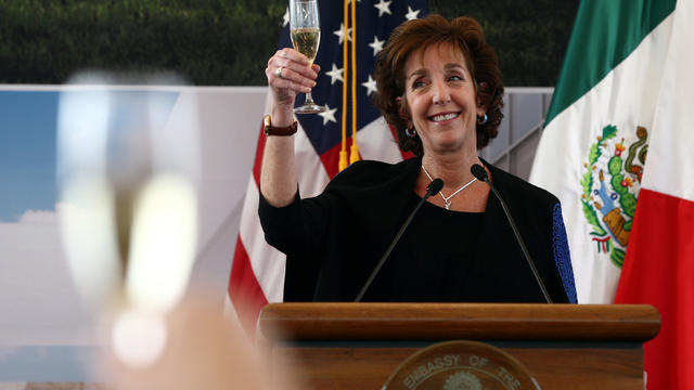 U.S. Ambassador to Mexico Roberta S. Jacobson raises her glass in a toast as she attends a ceremony to place the first stone of the new U.S. Embassy in Mexico City 