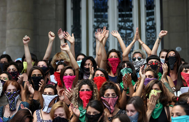 Women wear knickers as masks during a demonstration on International Women's Day in Buenos Aires 