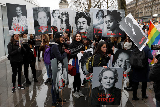 Demonstrators gather Place de la Republique in Paris to mark the International Women's Day 