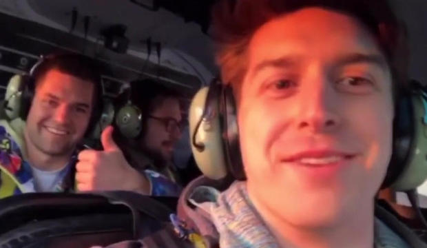 Brian McDaniel, left, and Trevor Cadigan are seen in a helicopter over New York City in this image capture from a video posted to Instagram before the helicopter crashed in the East River on March 11, 2018. 