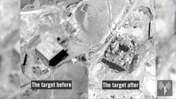 A still frame taken from video material released on March 21, 2018 shows a combination image of what the Israeli military describes is before and after an Israeli air strike on a suspected Syrian nuclear reactor site near Deir al-Zor 