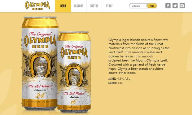 Screengrab of Olympia Beer website 